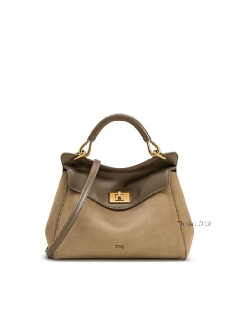 Faux Suede Top Handle Handbag With Gold Hardware Crossbody